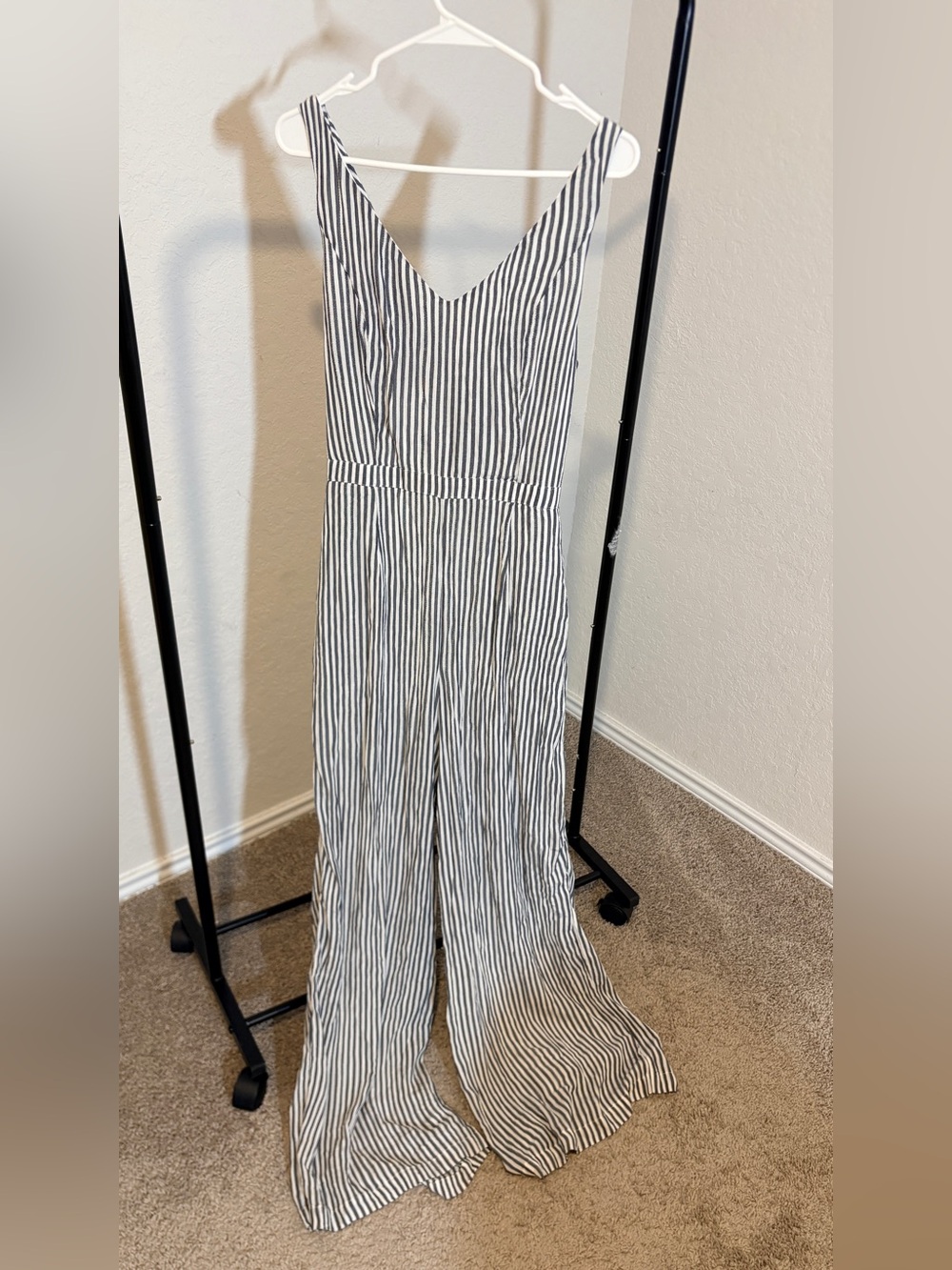American Eagle Outfitters Black & White Striped V-Neck Wide-Leg Jumpsuit